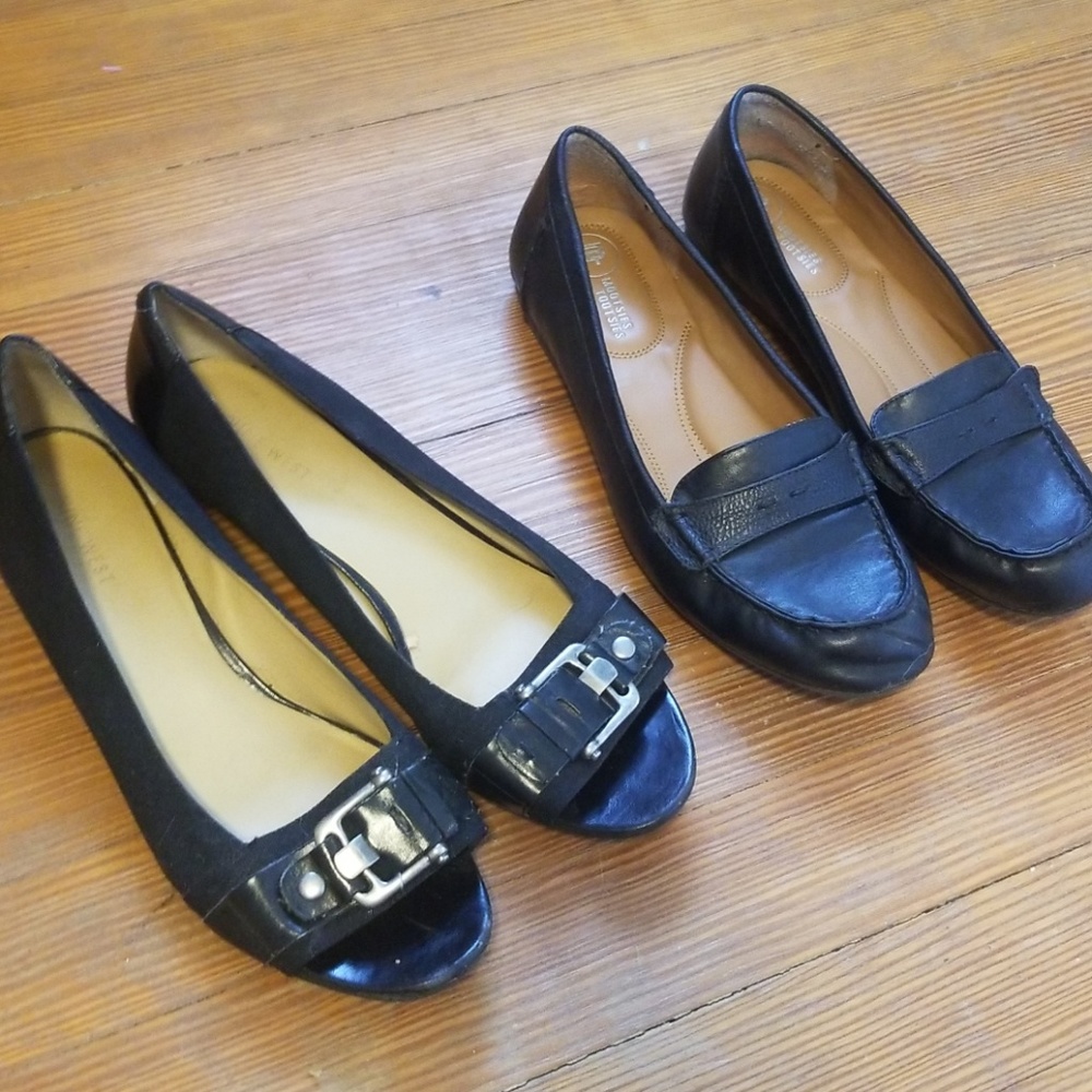 2 pair black dress shoes open toe and loafer